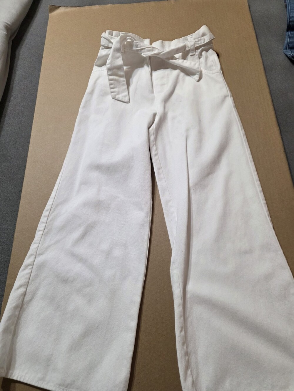 Girl's High-Waist Paperbag Belted Wide-Leg Pants - White
